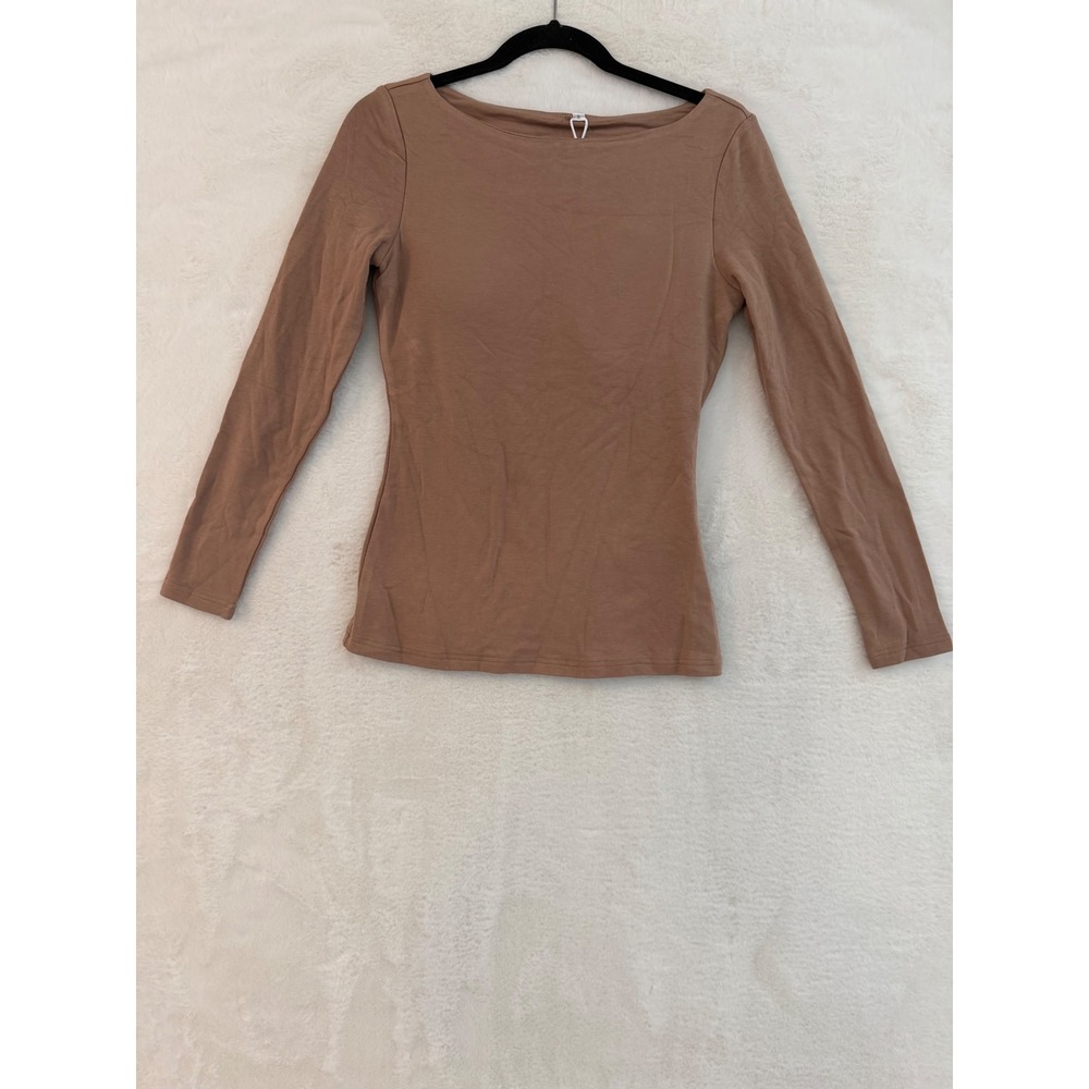 Anrabess Tan Brown Long Sleeve Boat Neck Top Built-in Bra NWT Small